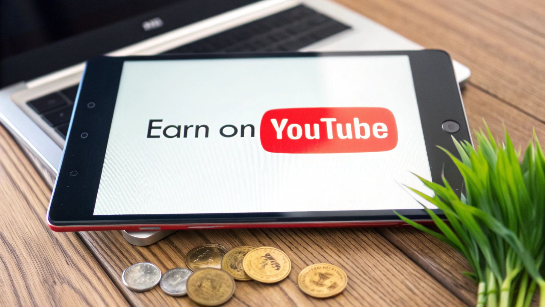 A digital illustration showing various monetization icons like ads, memberships, and shopping carts floating around a YouTube play button.