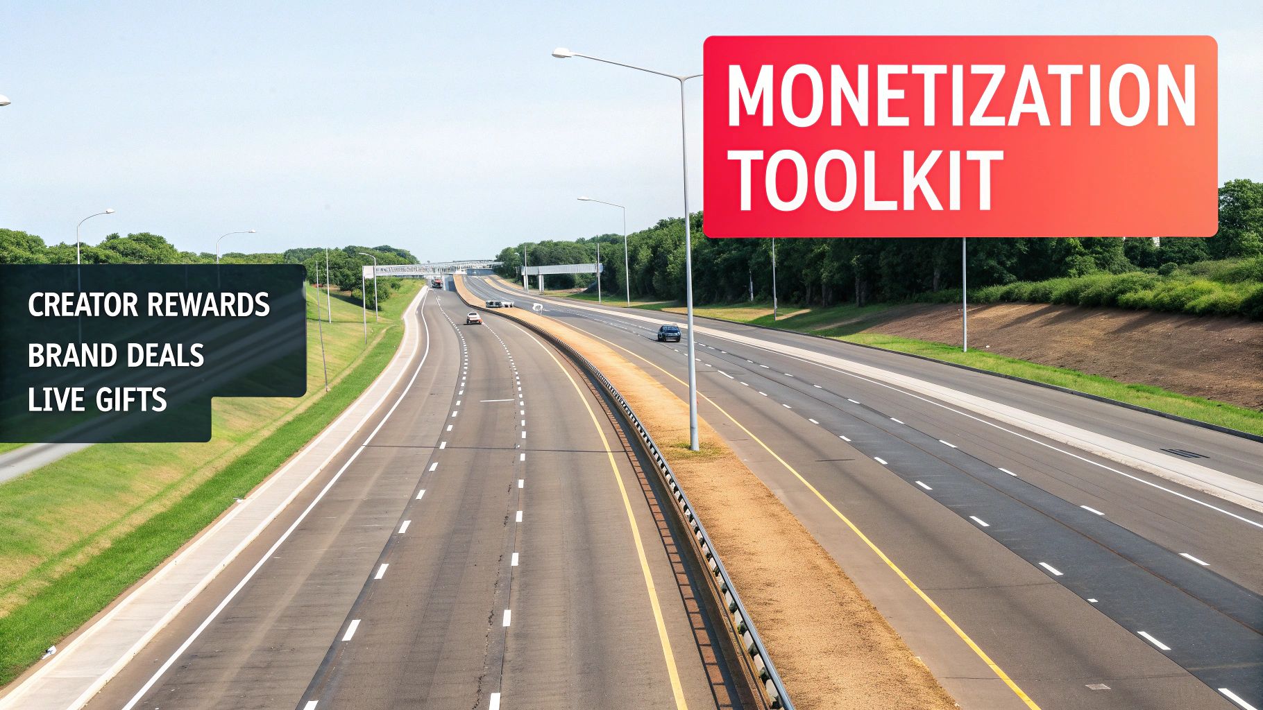 A highway with an overhead sign displaying 'Monetization Toolkit' and a side sign listing 'Creator Rewards,' 'Brand Deals,' and 'Live Gifts.'