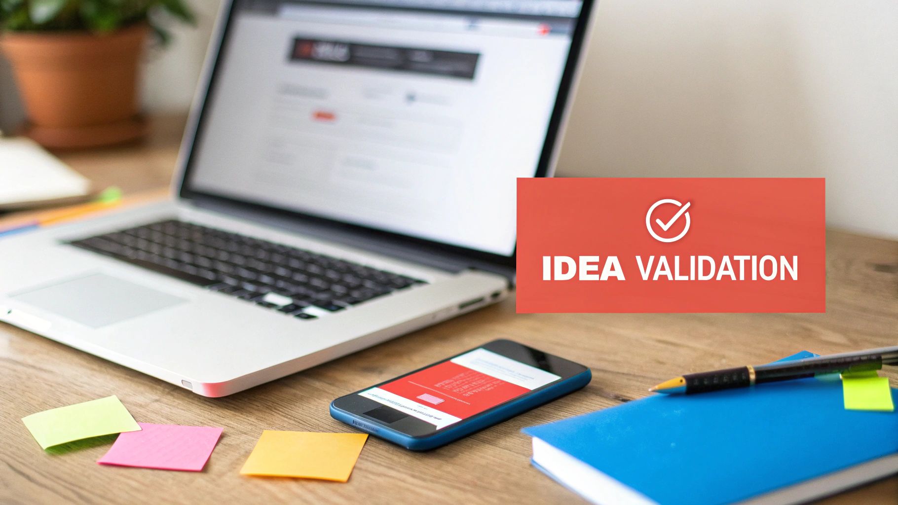 A wooden desk with a laptop, smartphone, sticky notes, and a notebook, featuring an 'IDEA VALIDATION' graphic.