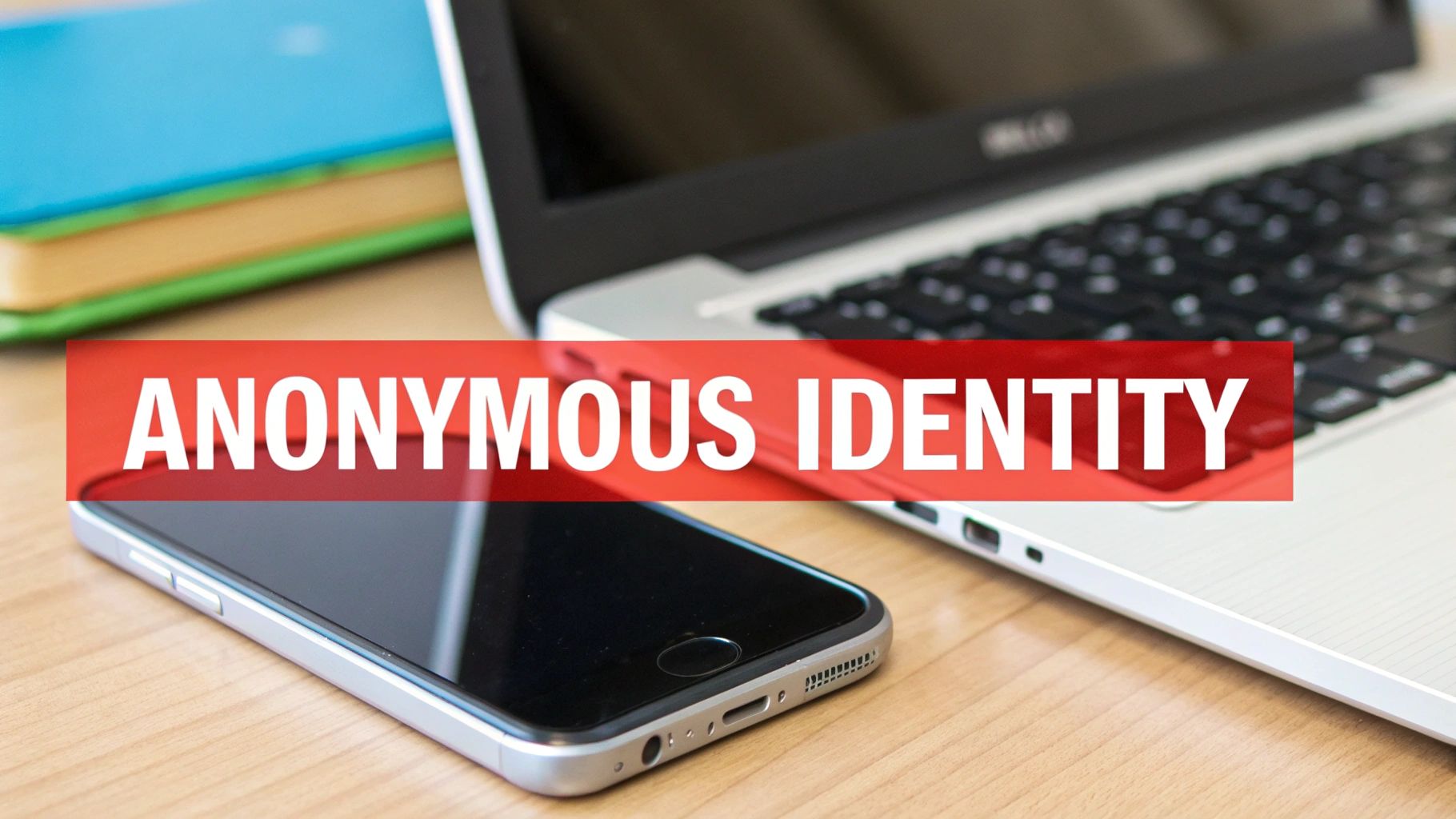 A laptop, smartphone, and books on a desk with a red banner stating 'ANONYMOUS IDENTITY'.