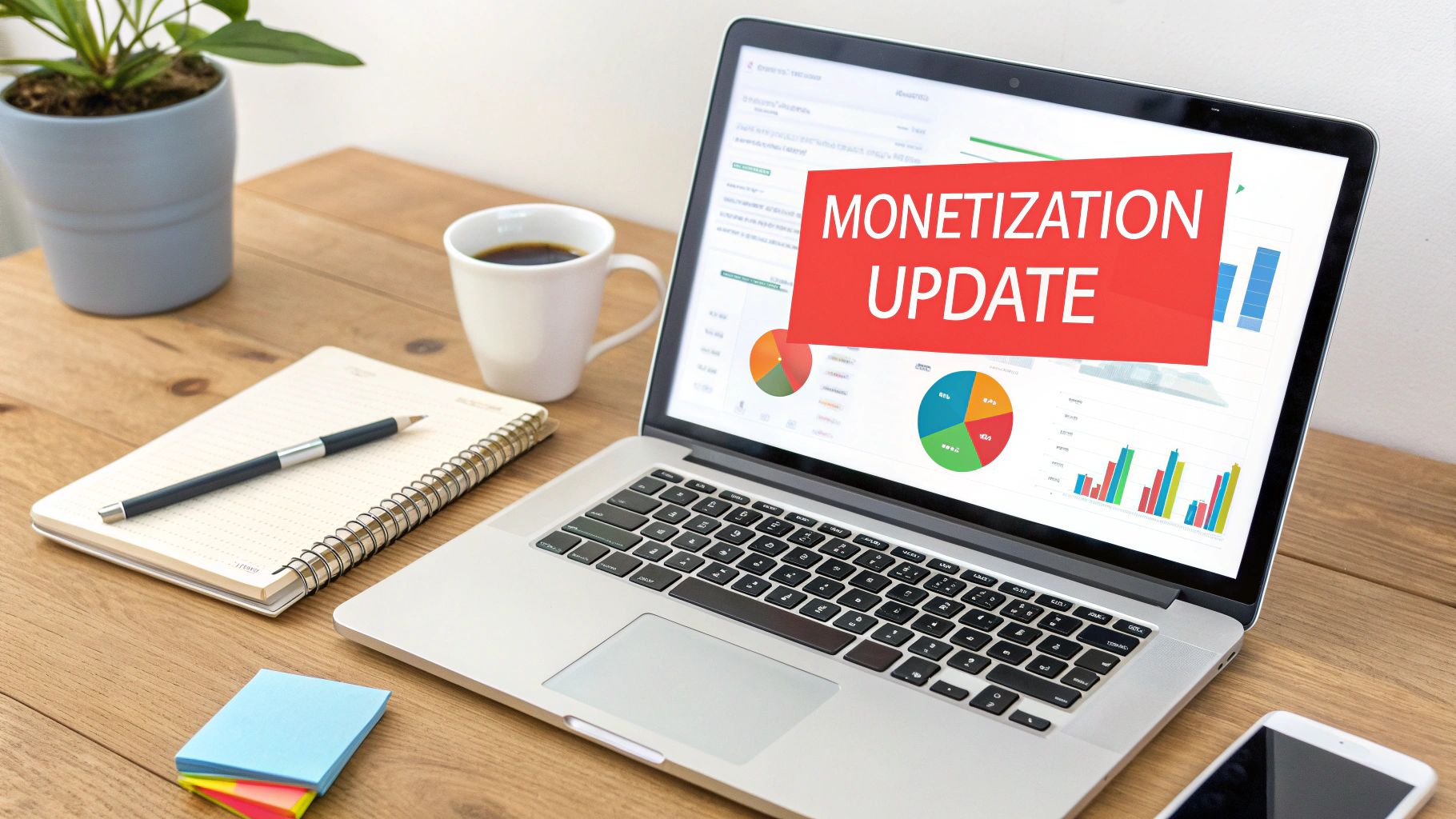 Laptop on a wooden desk displaying a 'MONETIZATION UPDATE' banner with charts and graphs.
