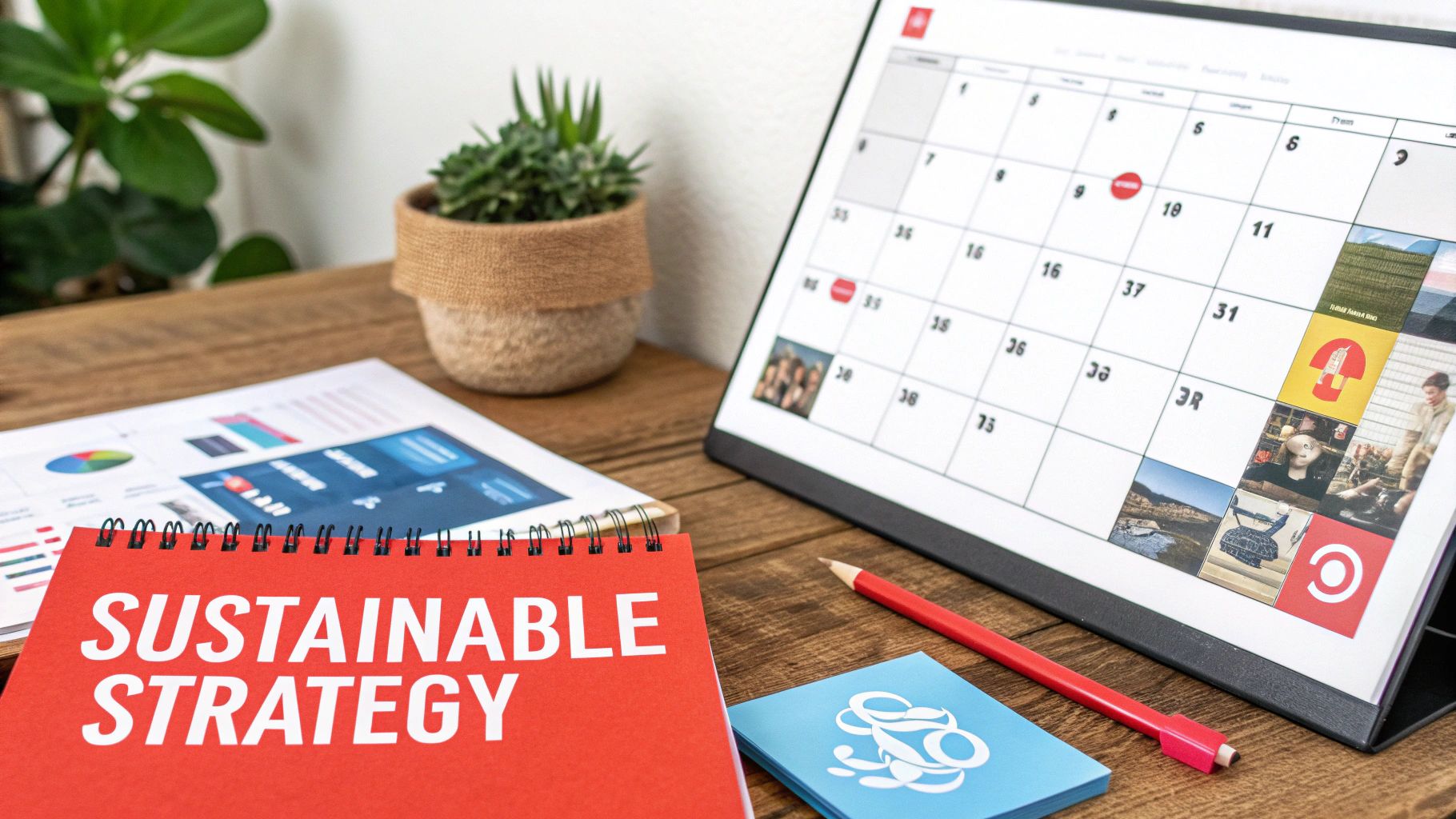 Desk with 'Sustainable Strategy' notebook, calendar, and documents, suggesting business planning.