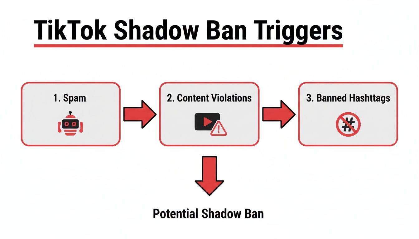 A diagram illustrating the main triggers for a TikTok shadow ban: spam, content violations, and banned hashtags.
