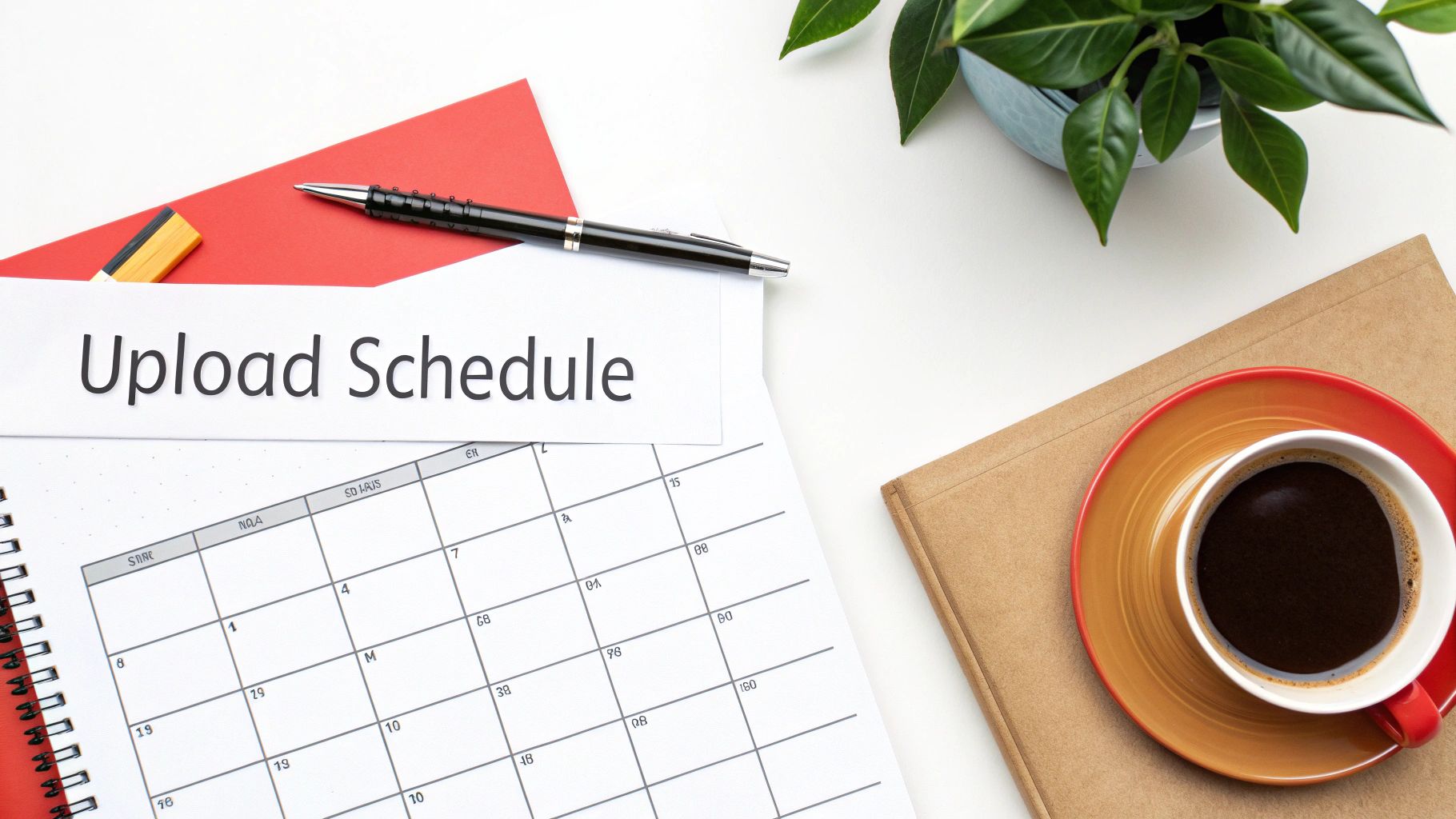 A top-down view of a white desk with an 'Upload Schedule' document, a calendar, a pen, a green plant, and a cup of coffee.