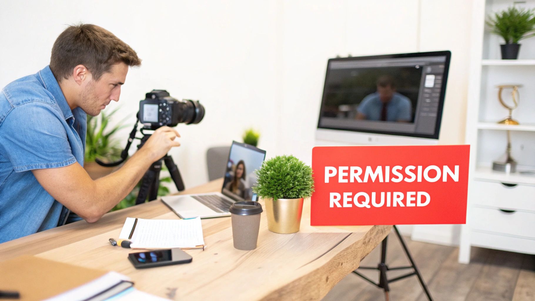 A content creator adjusts a camera on a tripod, with a 'PERMISSION REQUIRED' sign on the desk.