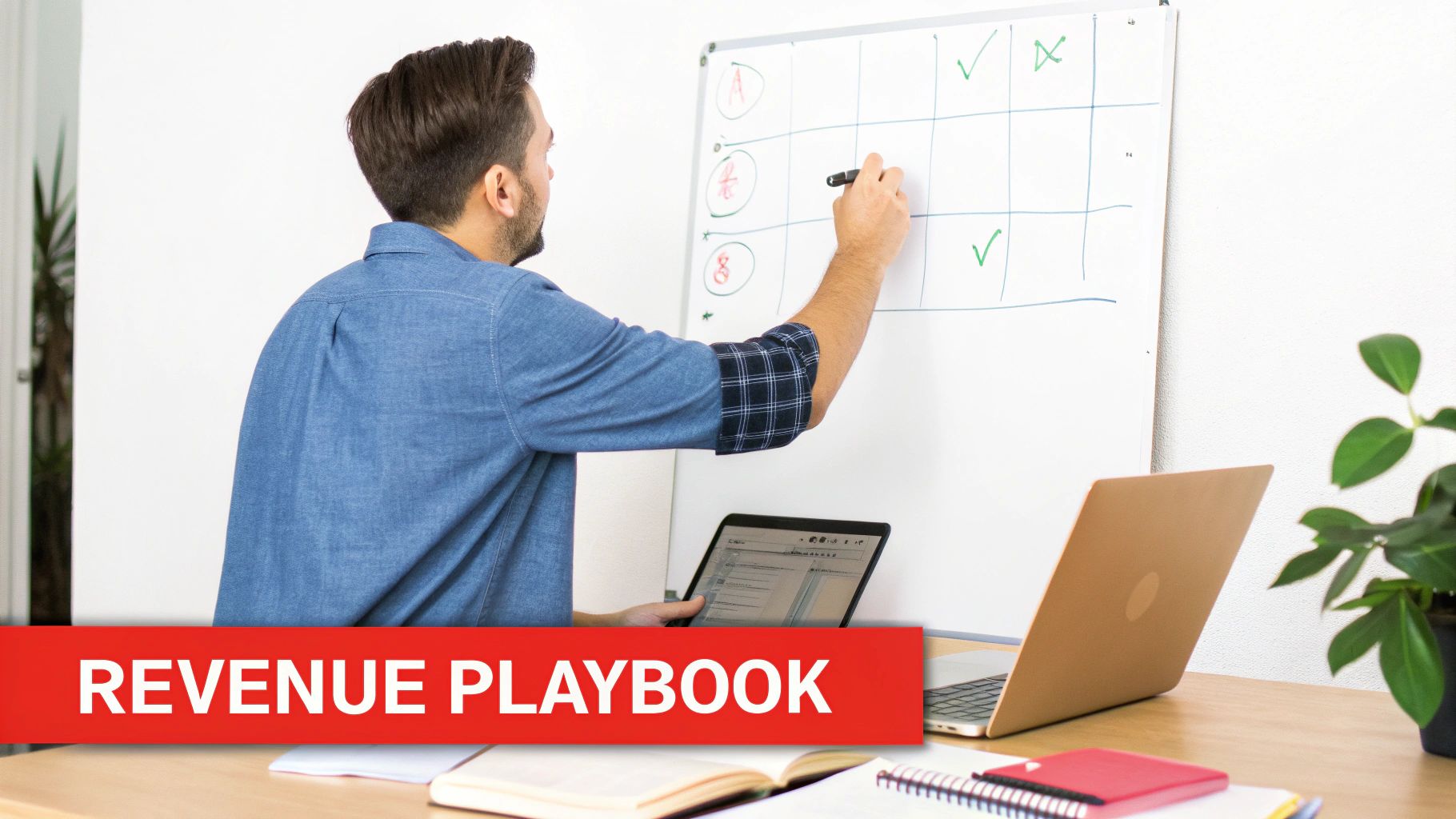 A man in a blue shirt writes on a whiteboard with 'REVENUE PLAYBOOK' overlay, planning strategy.