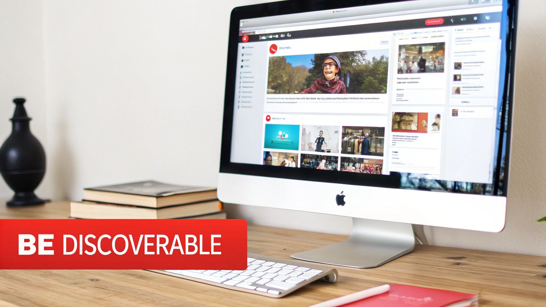 An Apple iMac on a wooden desk displaying a content platform and a 'BE DISCOVERABLE' banner.