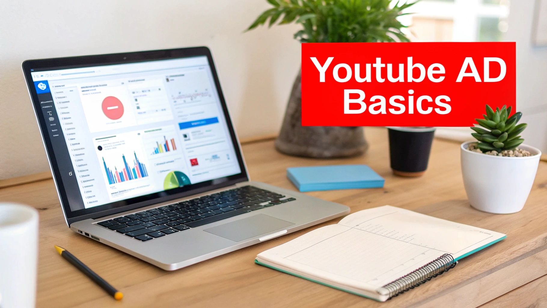 A laptop displaying data and charts on a wooden desk with a notebook, pen, and plants, titled 'Youtube AD Basics'.