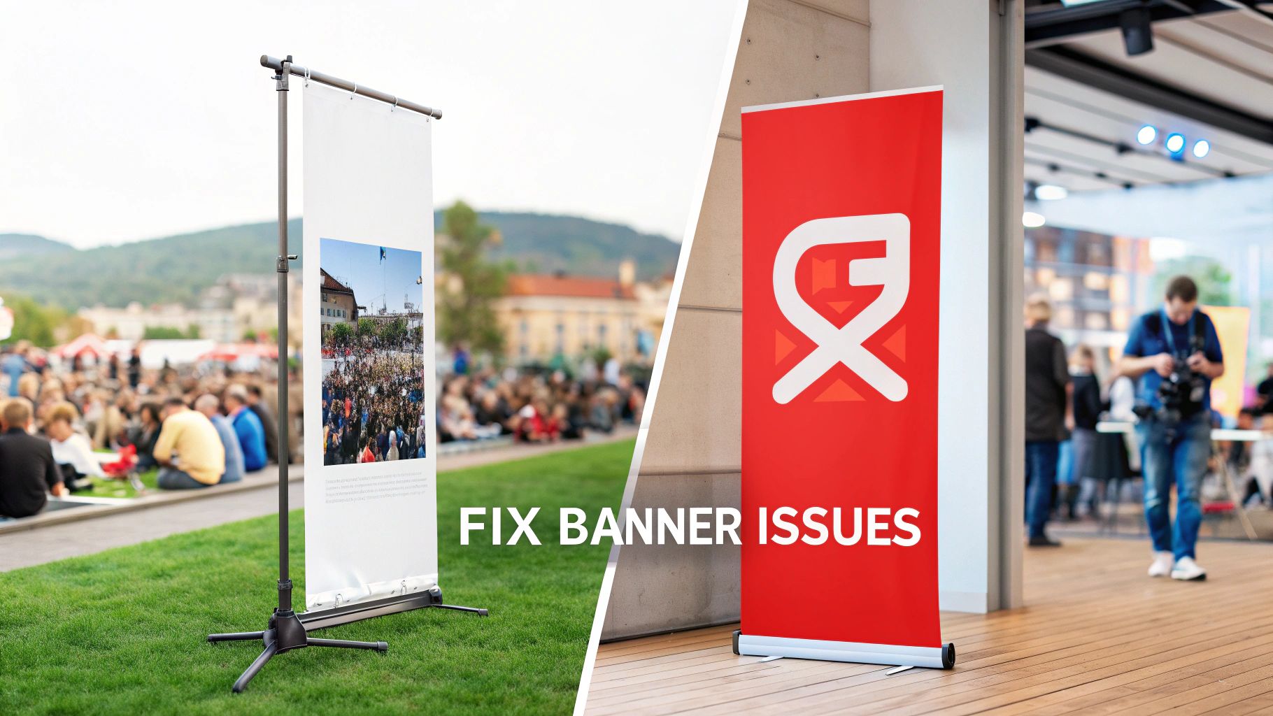 Split image: outdoor white banner with crowd photo, and indoor red banner with logo.