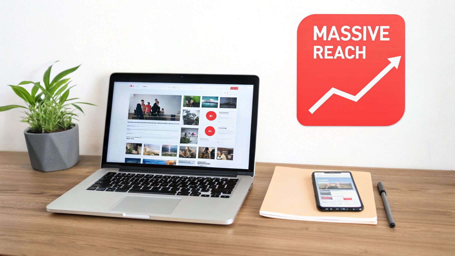A modern desk with a laptop showing video content, a smartphone, and a red 'Massive Reach' sign.