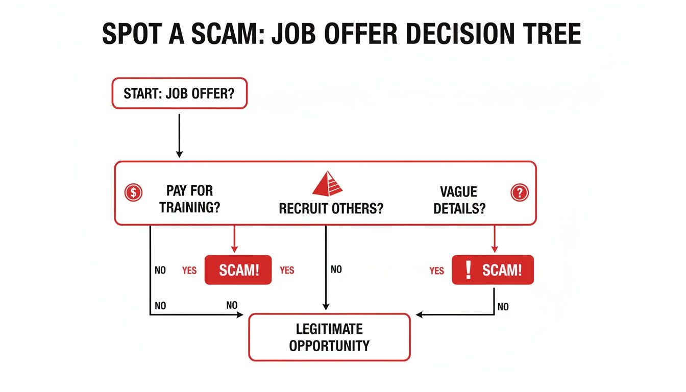 A job offer decision tree flowchart to spot scams based on paying for training, recruiting others, or vague details.