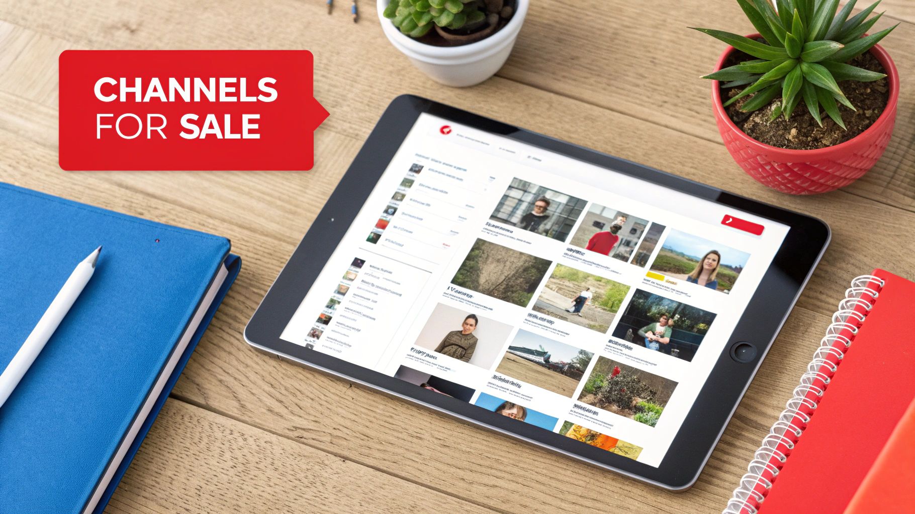 A tablet on a wooden desk displays channels for sale, alongside a notebook and plants.