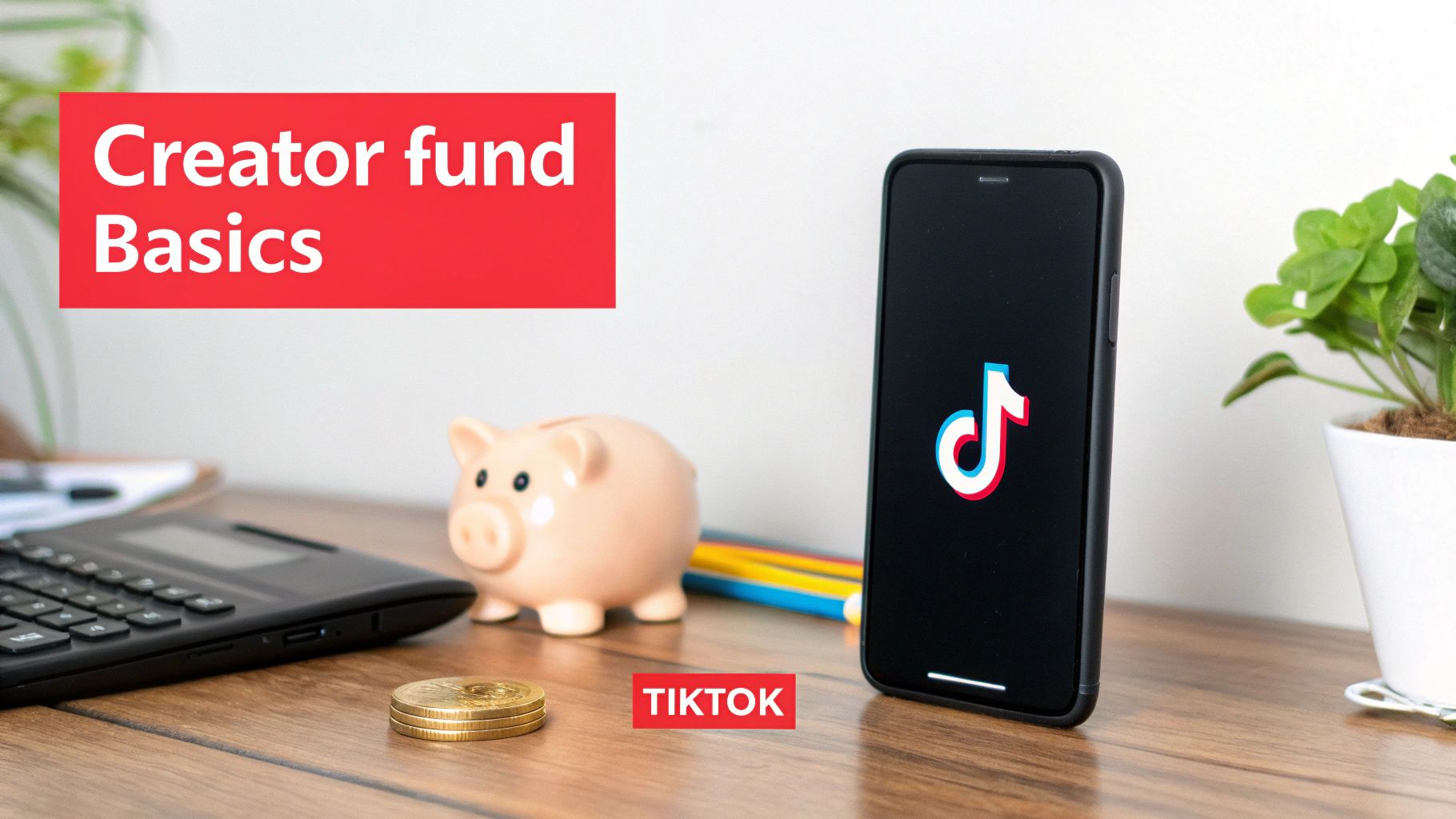 A desk scene featuring a smartphone with the TikTok logo, a piggy bank, coins, and text about 'Creator fund Basics'.