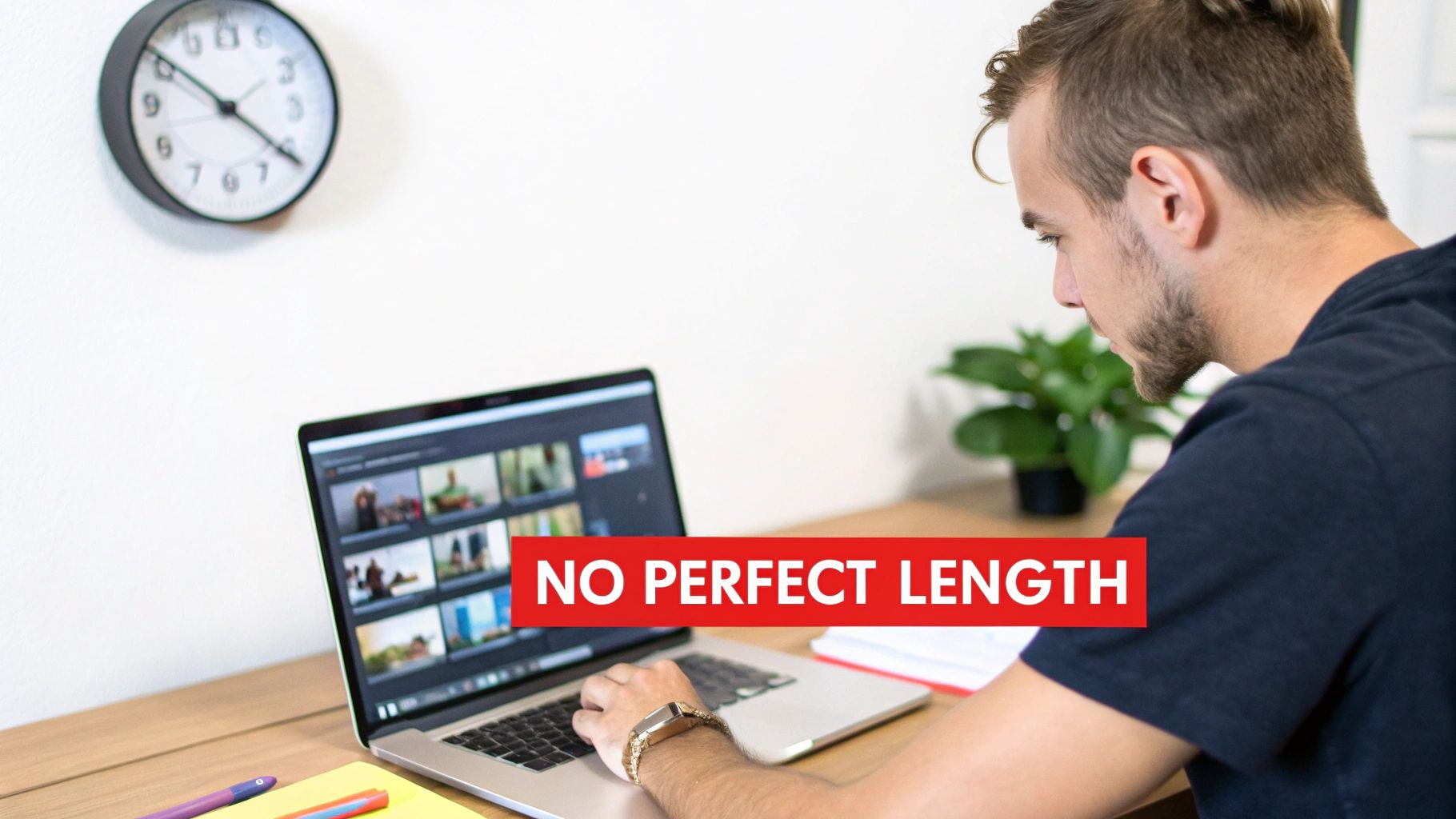 Young man editing videos on a laptop at a bright desk, with a wall clock and plant.