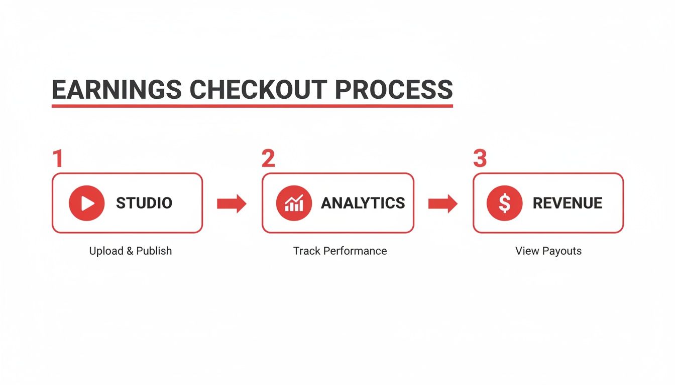 Earnings checkout process diagram showing three steps: Studio, Analytics, and Revenue.