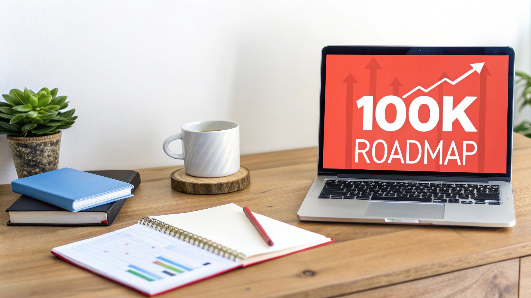 Laptop displaying a '100K ROADMAP' with an upward trend, surrounded by office essentials on a wooden desk.