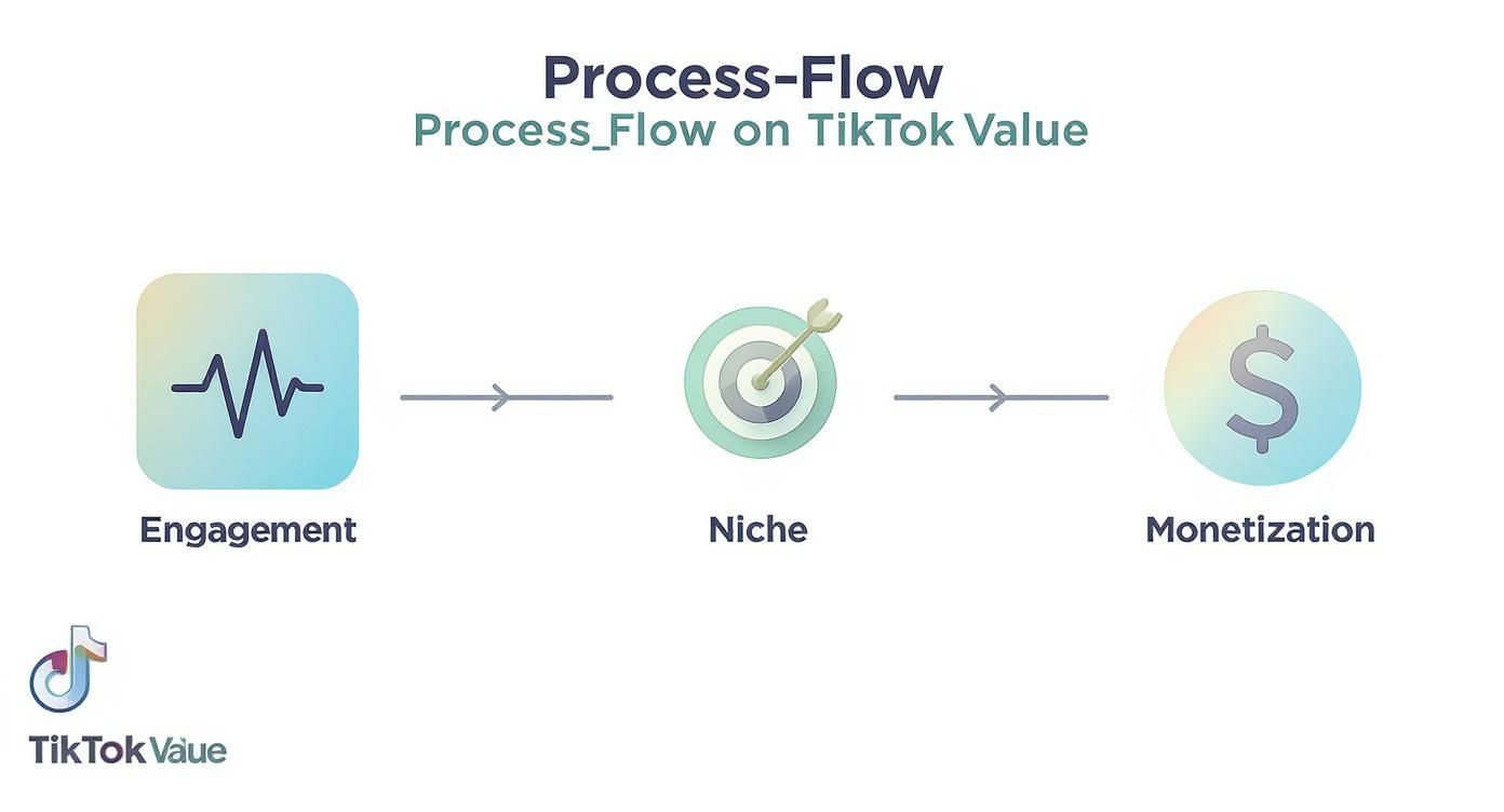 Process flow diagram showing TikTok value progression from engagement through niche targeting to monetization