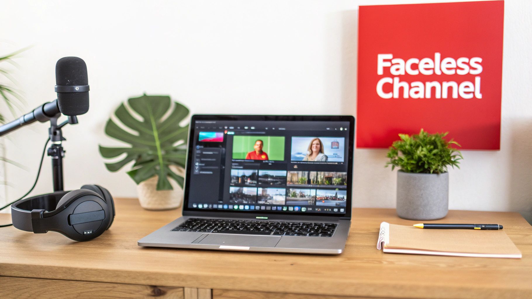 A professional desk setup for video content creation with a laptop, microphone, and headphones.