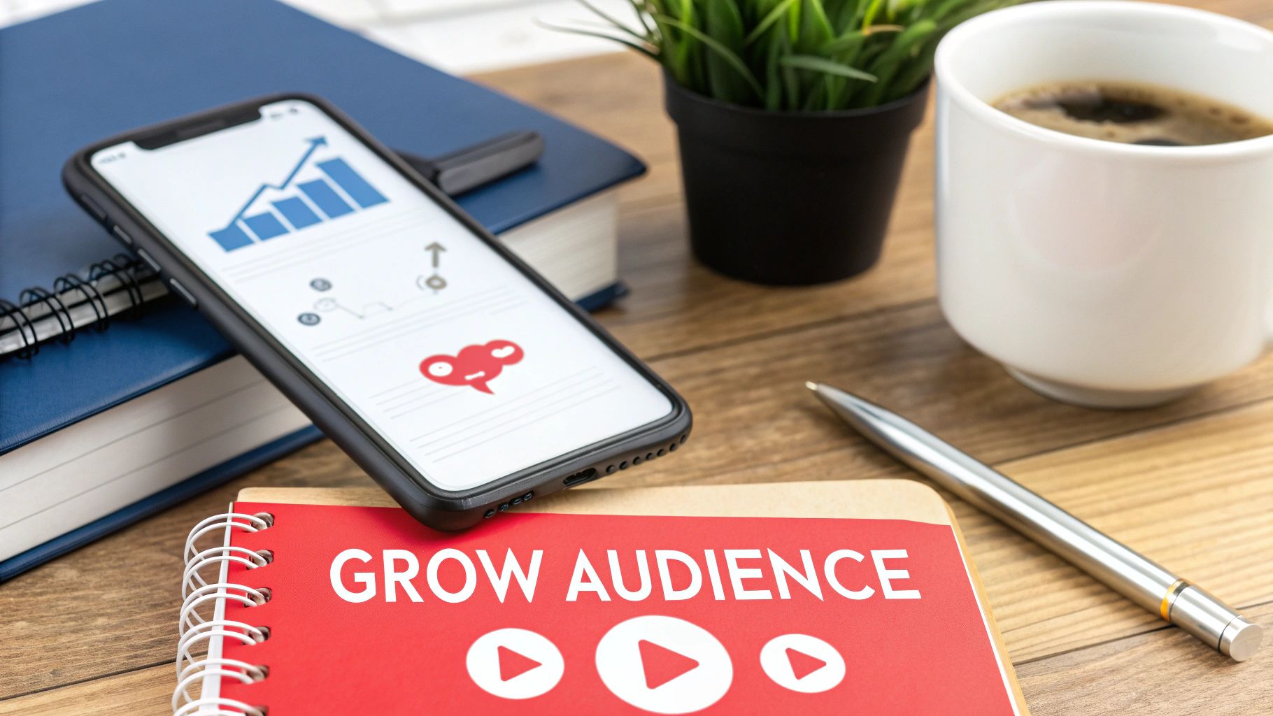 Smartphone displaying growth analytics chart with red notebook labeled grow audience on wooden desk