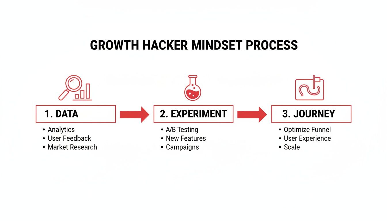 Growth hacker mindset process flow, detailing data, experiment, and journey steps with their activities.