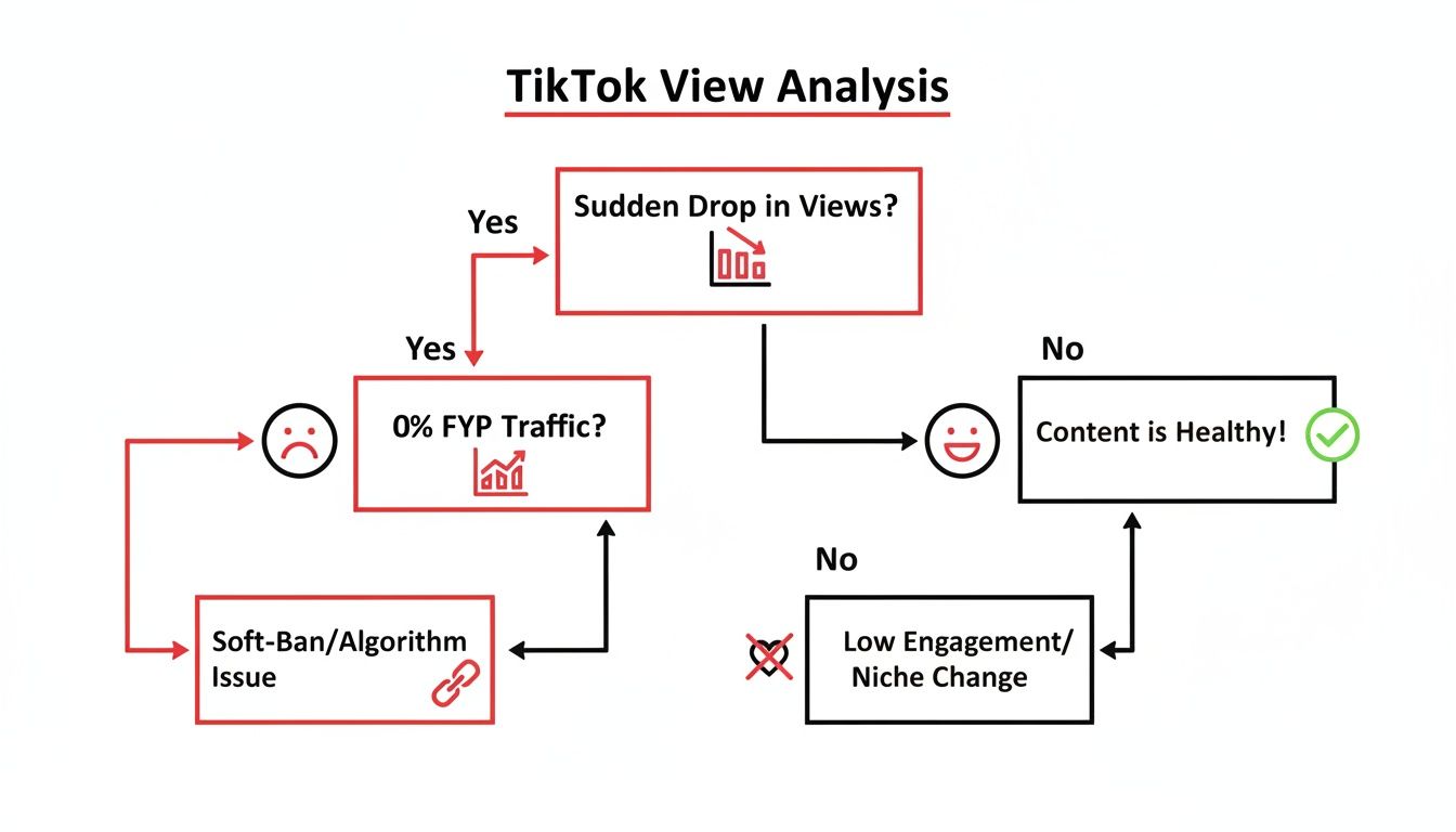 Flowchart explaining common reasons for sudden drops in TikTok views and engagement issues.