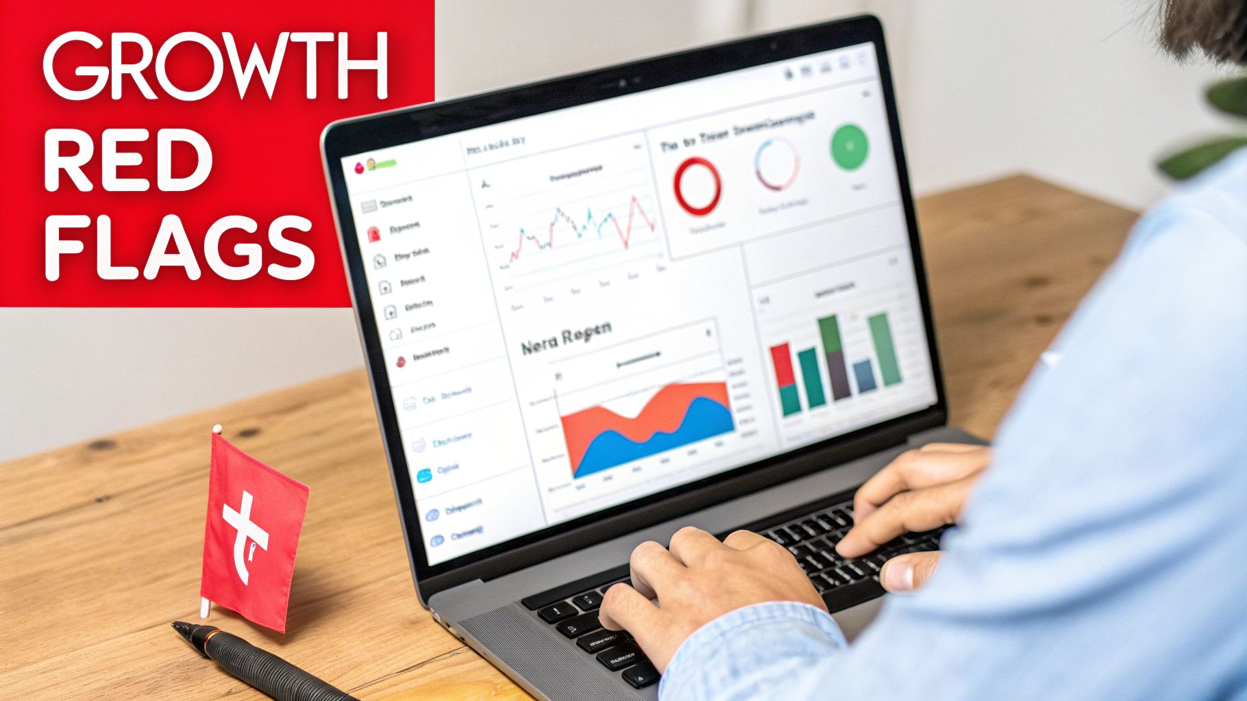 Person analyzing 'Growth Red Flags' on a laptop displaying business data visualizations with a red flag.