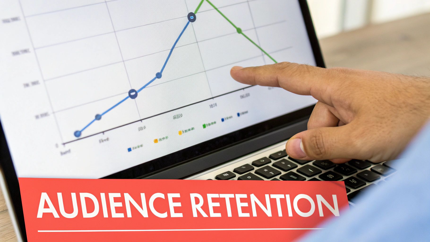 A graph showing audience retention analytics on a screen, with peaks and valleys indicating viewer engagement.