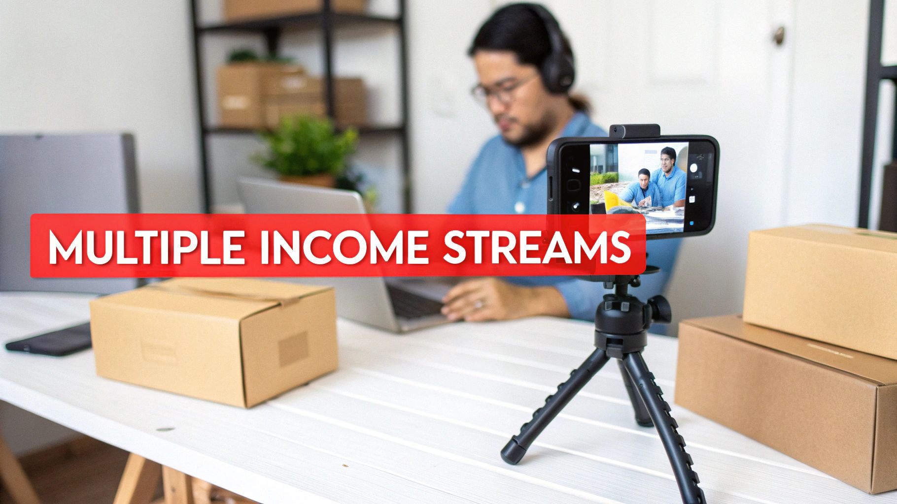 A person wearing headphones working on a laptop, recording a video with a smartphone on a tripod, surrounded by shipping boxes.