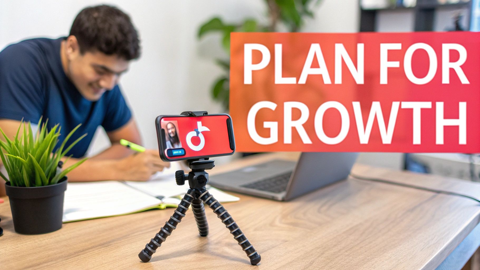 Content creator recording TikTok video at desk with phone on tripod and plan for growth sign