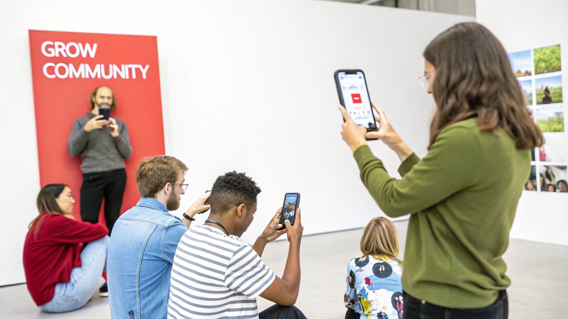 People taking photos with their phones in front of a 'Grow Community' sign at an event.