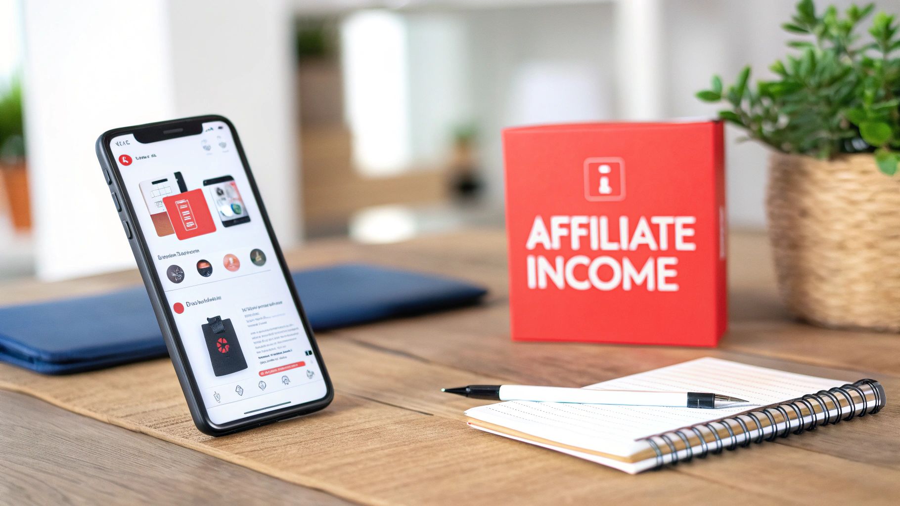 A smartphone displaying products next to a red box labeled 'AFFILIATE INCOME' on a desk with a notebook and pen.