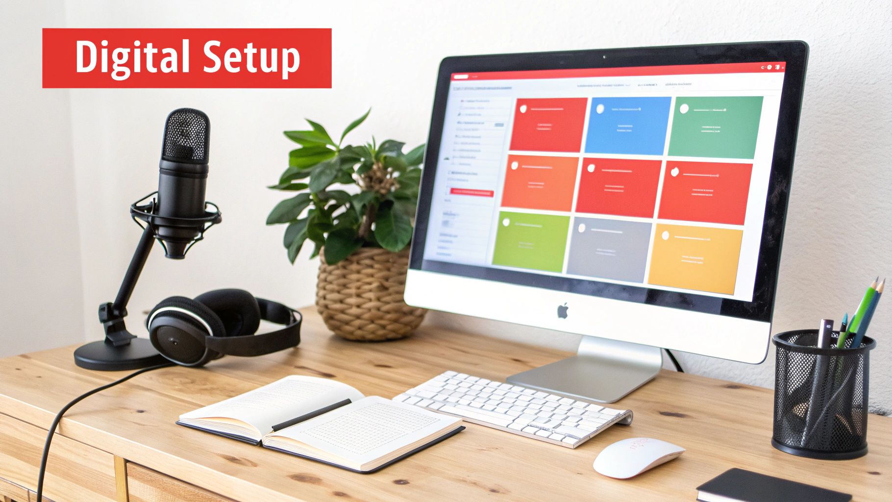 A digital setup on a wooden desk with an iMac, microphone, headphones, and notebook.