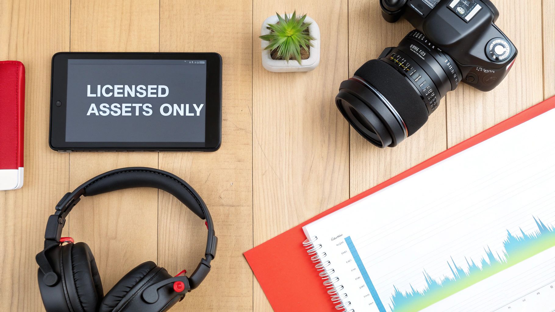 A flat lay of a tablet showing 'LICENSED ASSETS ONLY', headphones, camera, and notebook on a wooden desk.