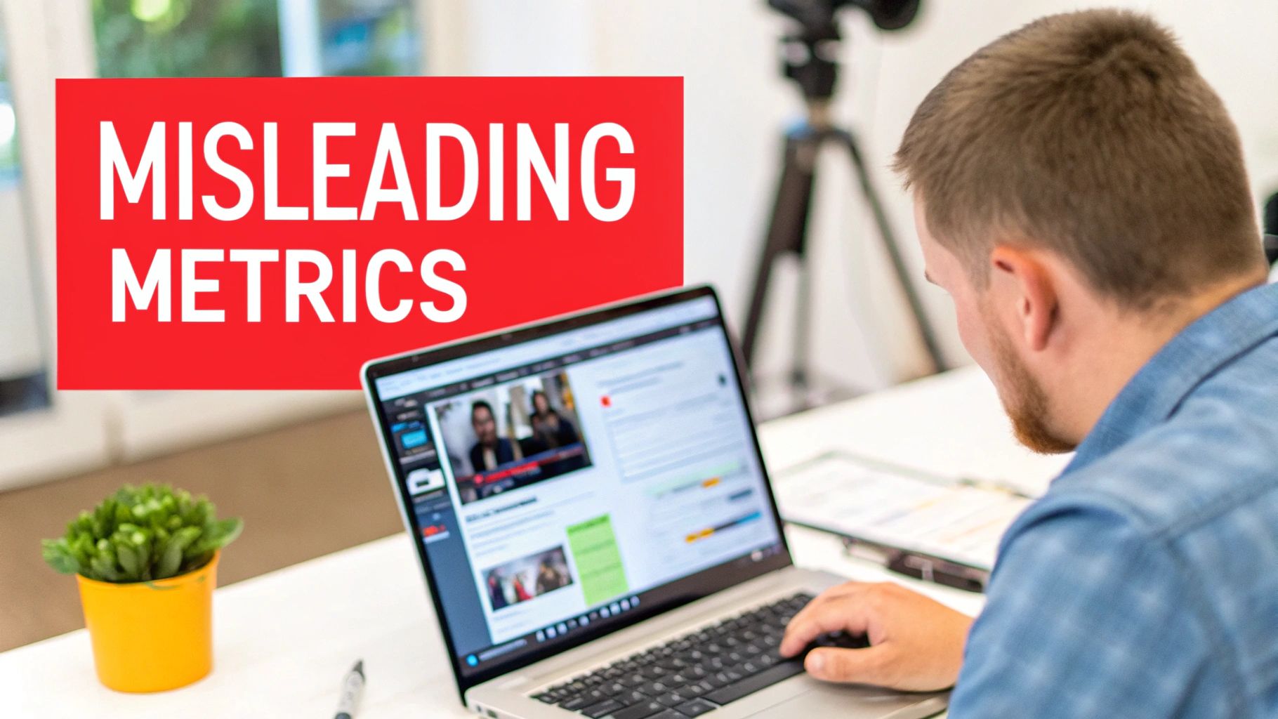 A man views a laptop screen showing a video platform, with a red banner stating "MISLEADING METRICS".