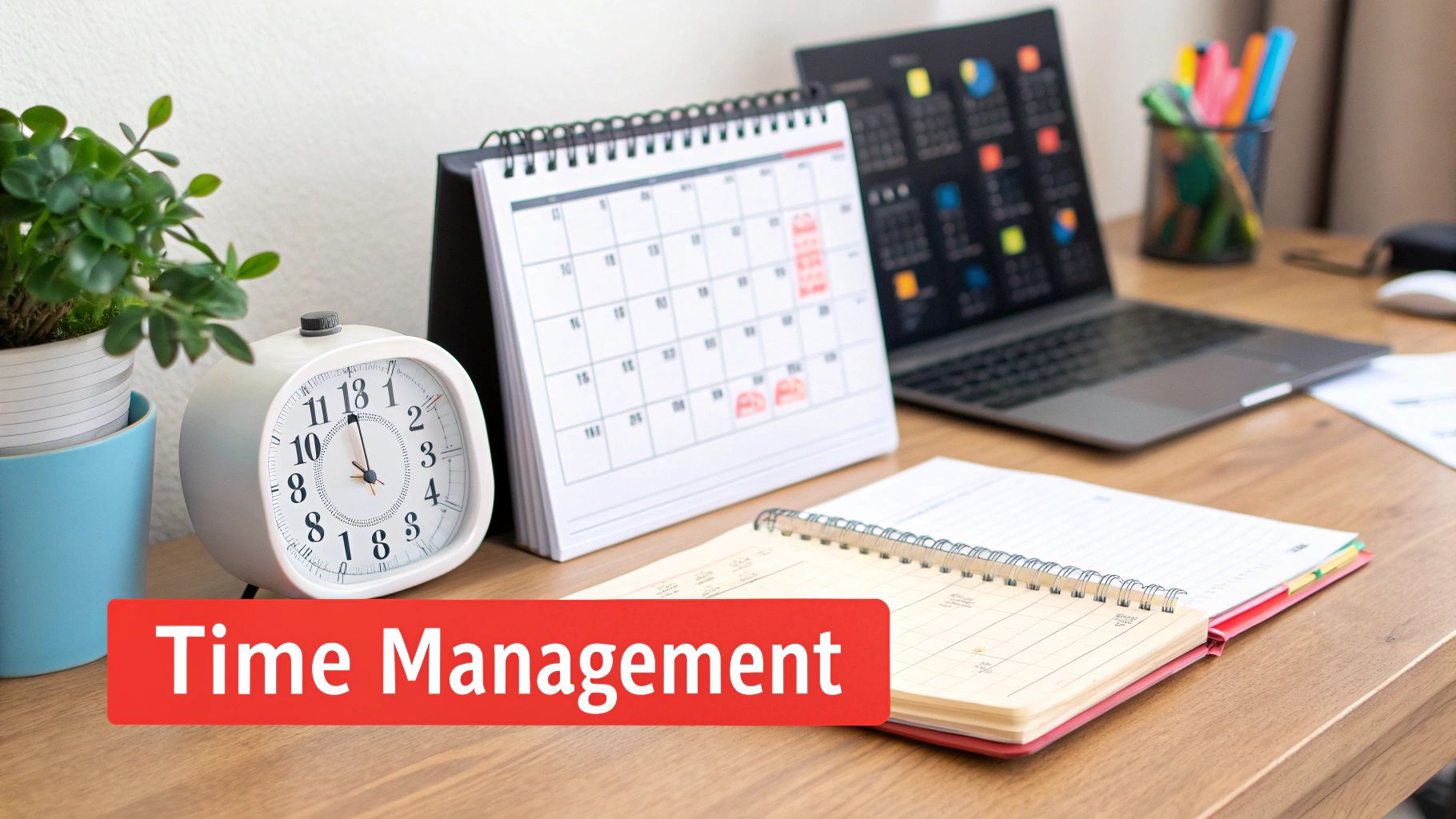 A desk with an alarm clock, calendar, laptop, and notebook for time management.