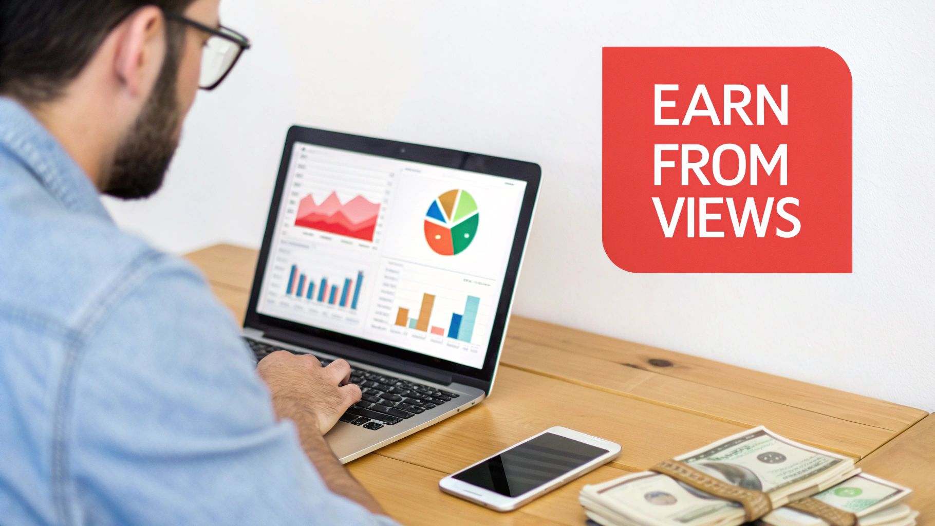 A person views analytics on a laptop, with a smartphone and money on a desk, and a sign "Earn from Views".