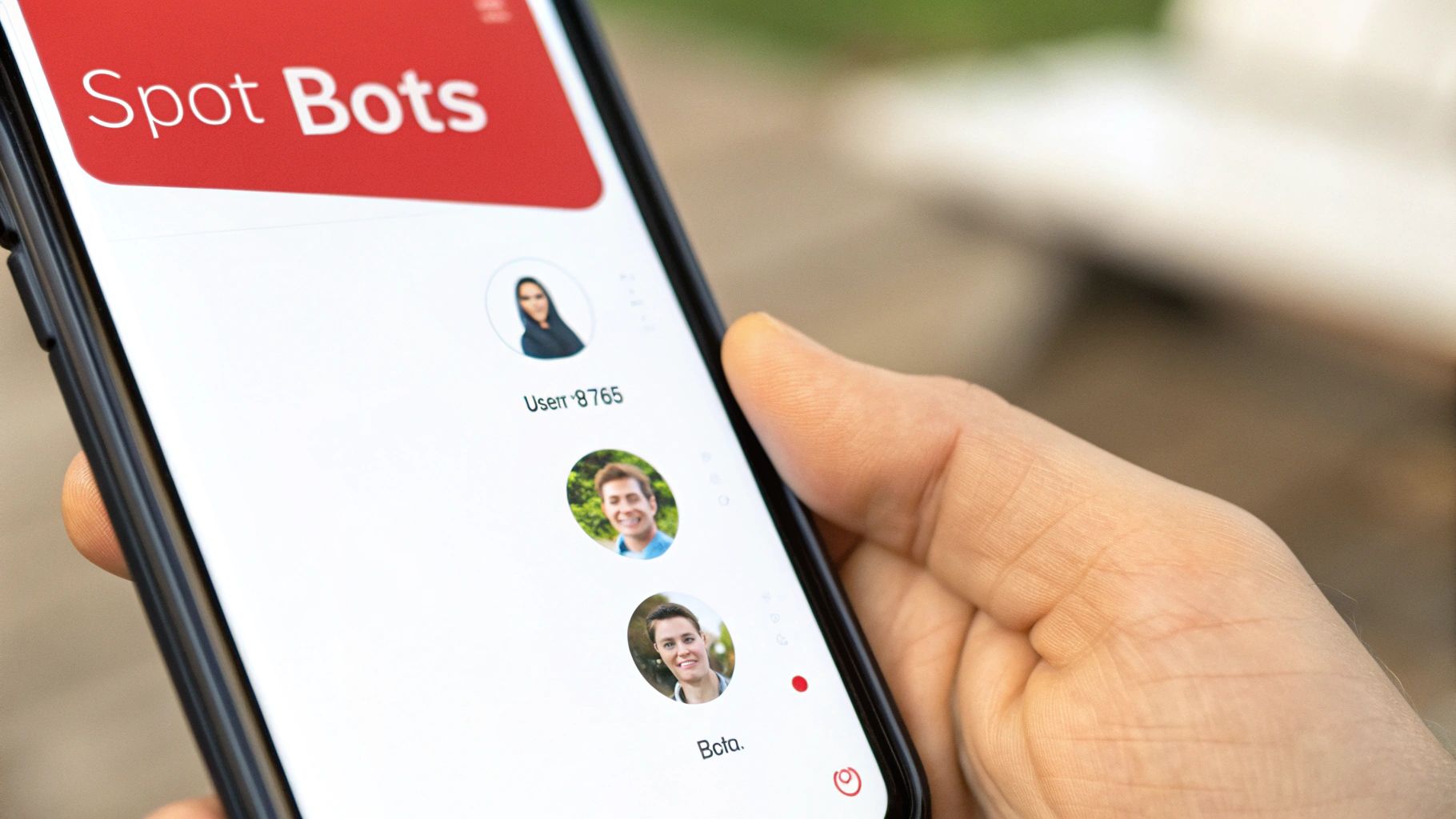 A hand holds a smartphone displaying the 'Spot Bots' app interface with profile pictures.