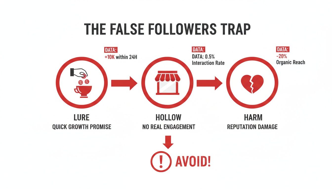 Infographic illustrating the false followers trap, showing lure, hollow engagement, and reputation harm.