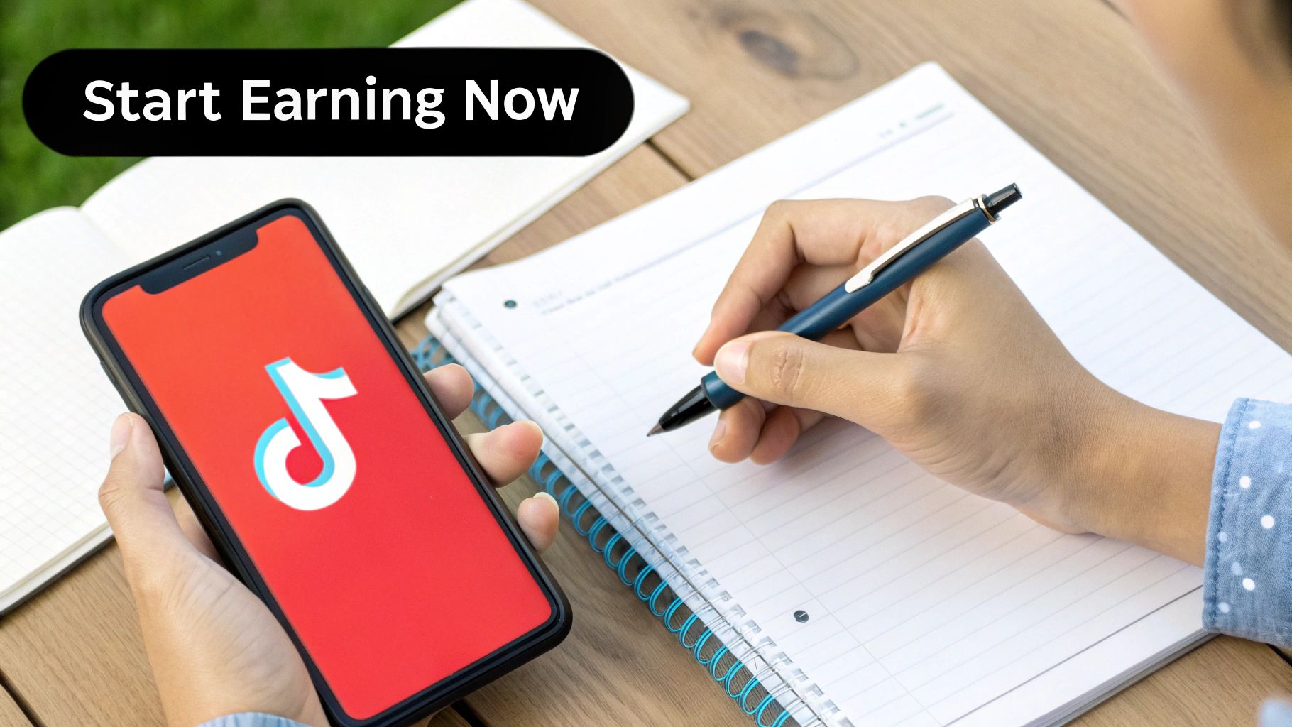 Person holds a smartphone displaying the TikTok logo while writing in a notebook with a pen.