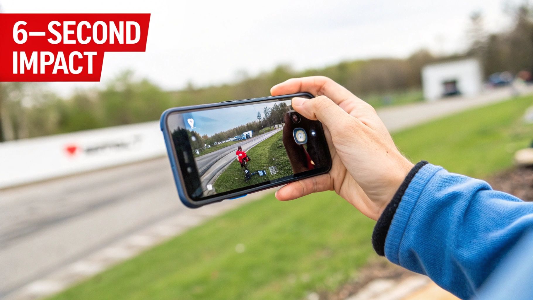 A hand holding a smartphone horizontally, recording a person in a red shirt on a road next to a '6-SECOND IMPACT' banner.