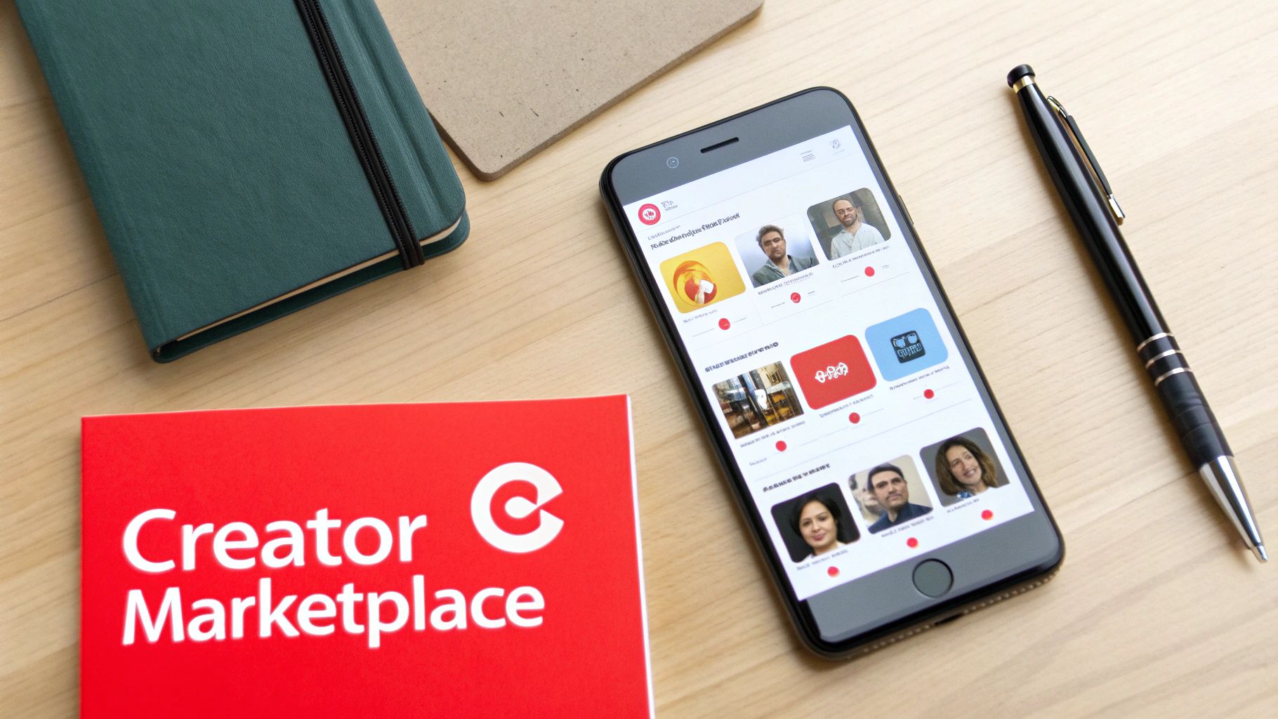 A smartphone displaying a Creator Marketplace app, a red card, a green notebook, and a pen on a wooden desk.