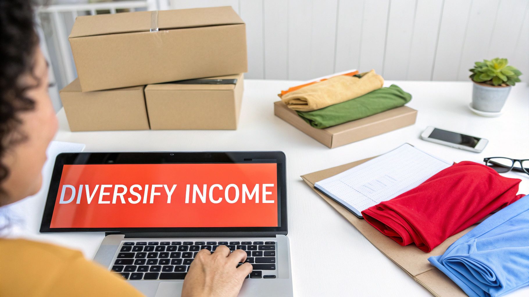 A person works on a laptop showing 'DIVERSIFY INCOME' surrounded by shipping boxes and clothes.