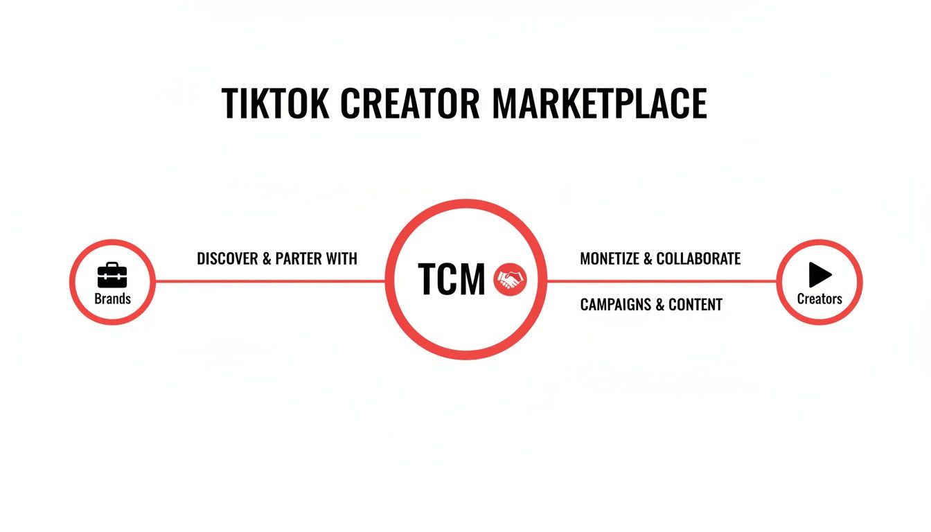 Diagram illustrating the TikTok Creator Marketplace, connecting brands and creators for collaboration and content.