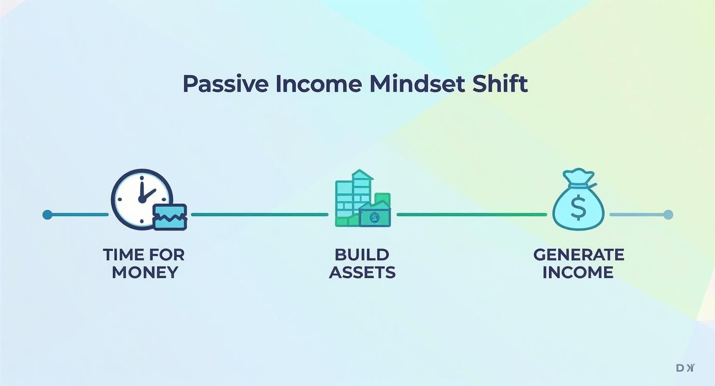 An infographic illustrating the passive income mindset shift from trading time for money to building assets and generating income.