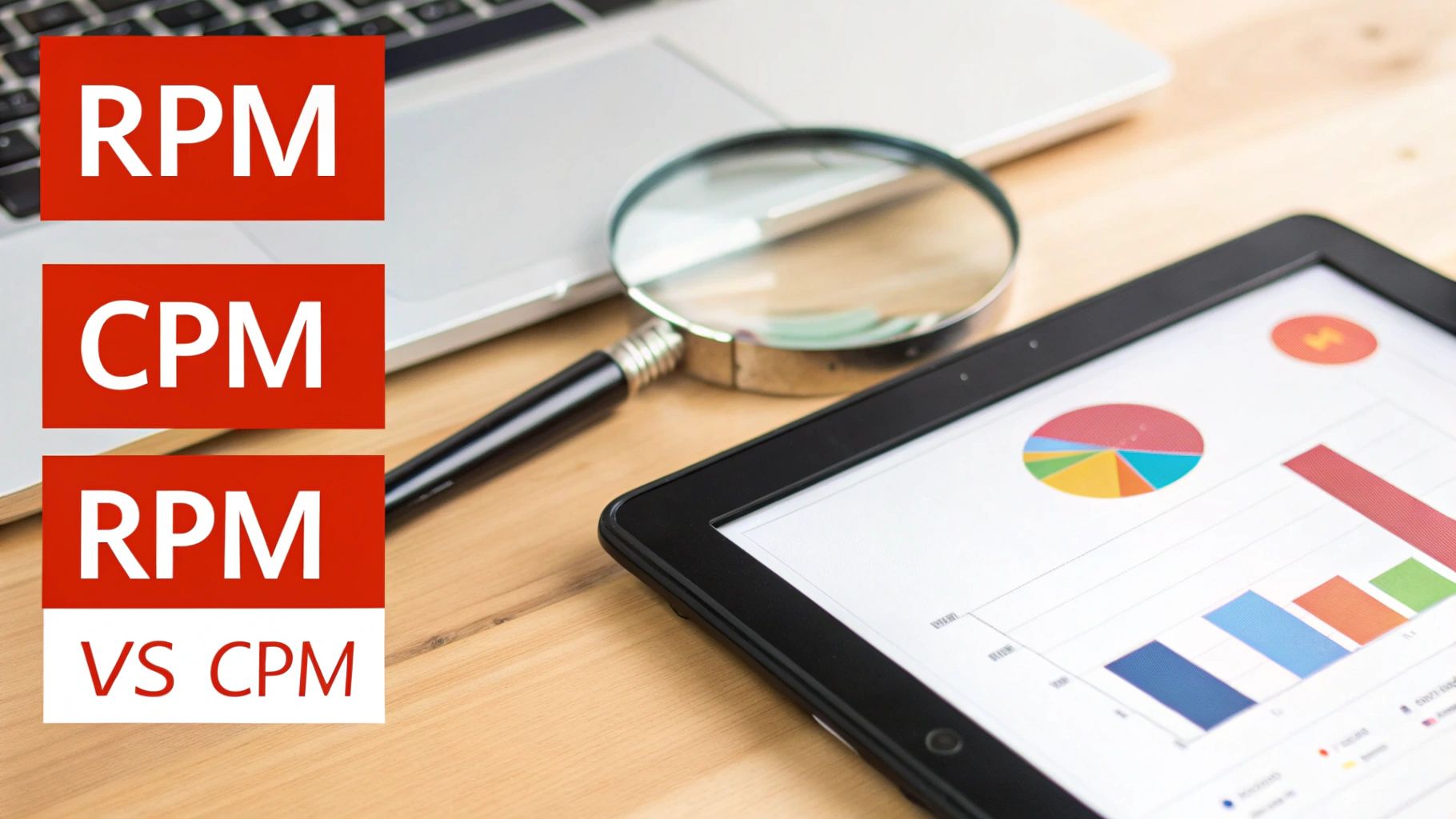 RPM, CPM, and VS CPM text boxes next to a tablet displaying business charts and graphs.