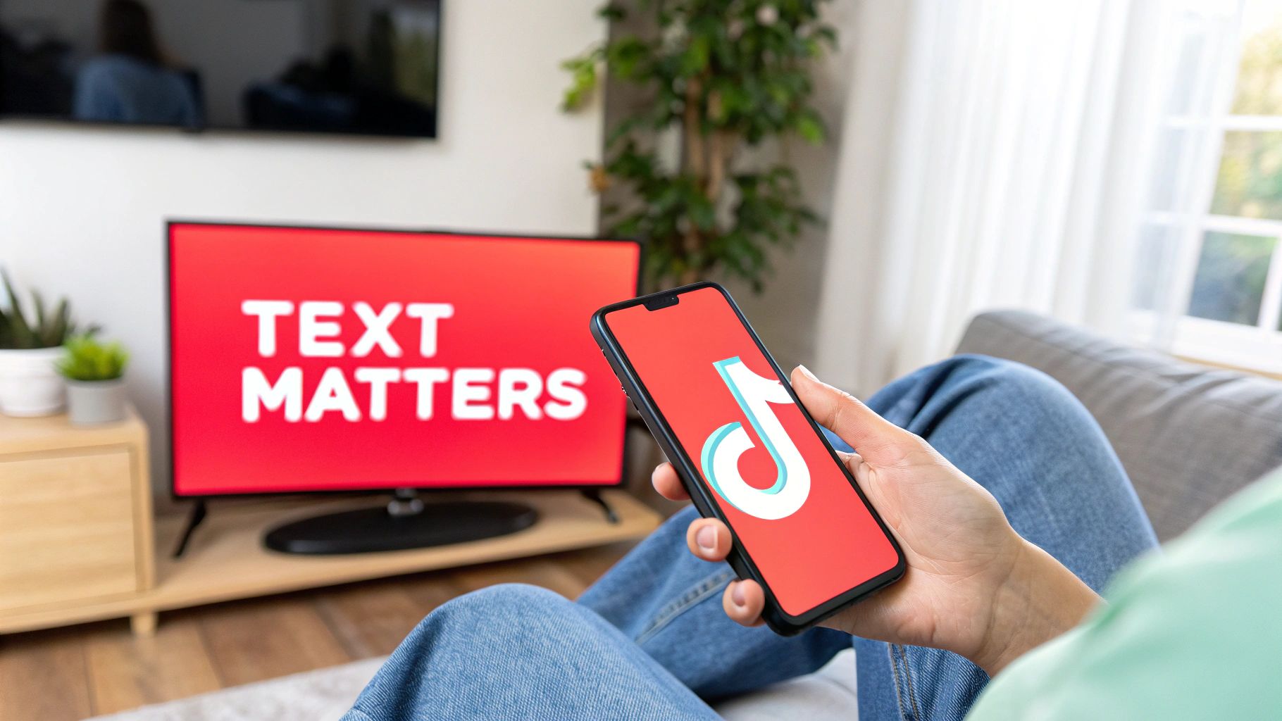 Person relaxing on a couch, holding a smartphone displaying the TikTok logo. A TV shows 'TEXT MATTERS'.