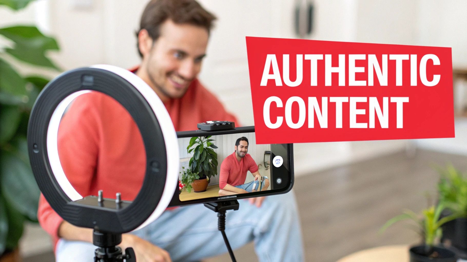 A content creator filming a TikTok video with a ring light and smartphone, showcasing a product naturally.