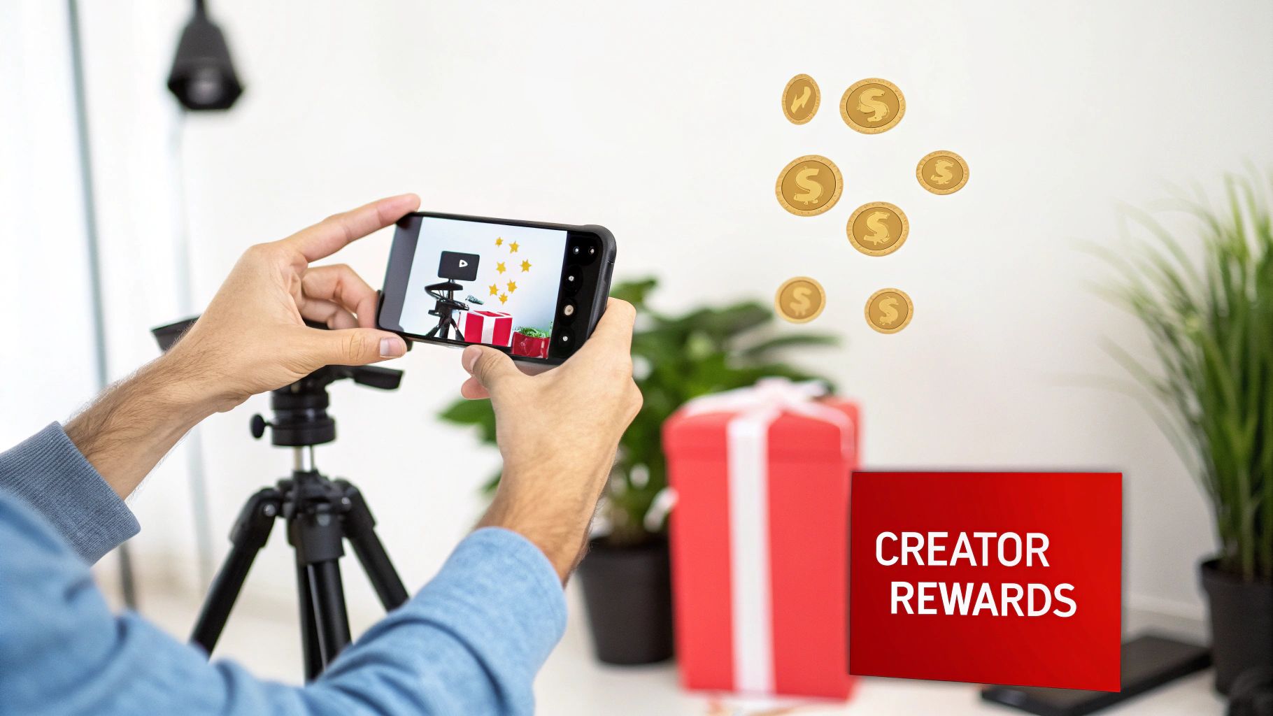 Person records a video about creator rewards with a smartphone, showing stars, gifts, and dollar coins.
