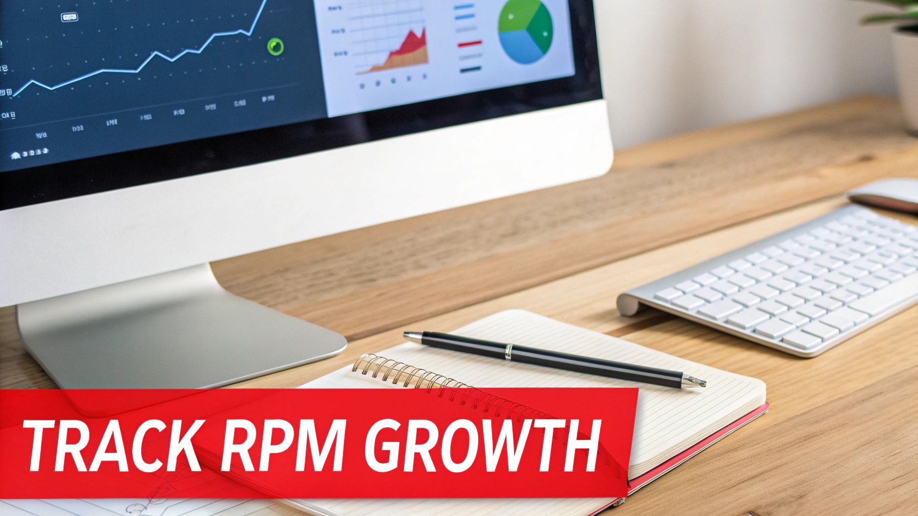 A computer monitor displaying growth charts and data, with a keyboard, notebook, and pen on a wooden desk. Text reads 'TRACK RPM GROWTH'.
