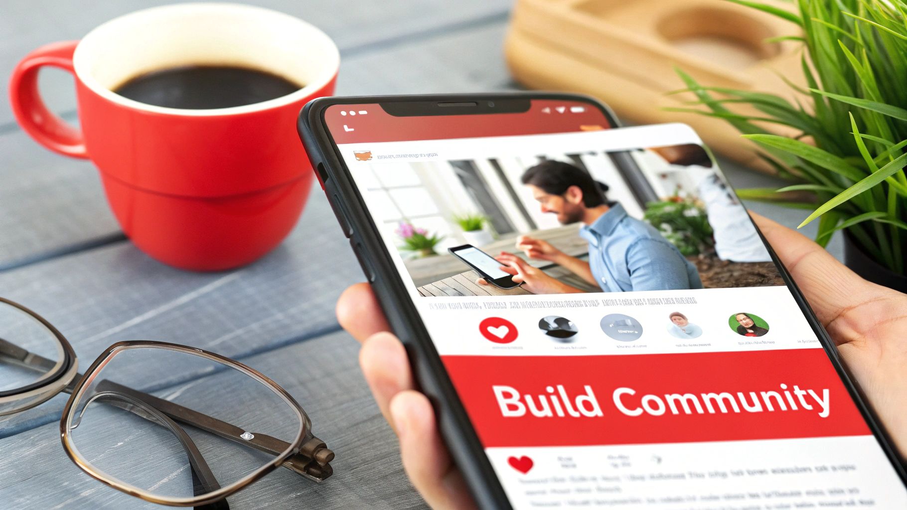A hand holds a smartphone displaying a social media app with 'Build Community' on screen.